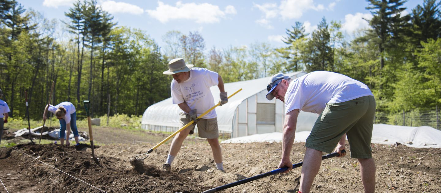 Joining other staff and students, President Dlugos (center) works the soil at the College’s farm for the Beth Auger Day of Service last year.