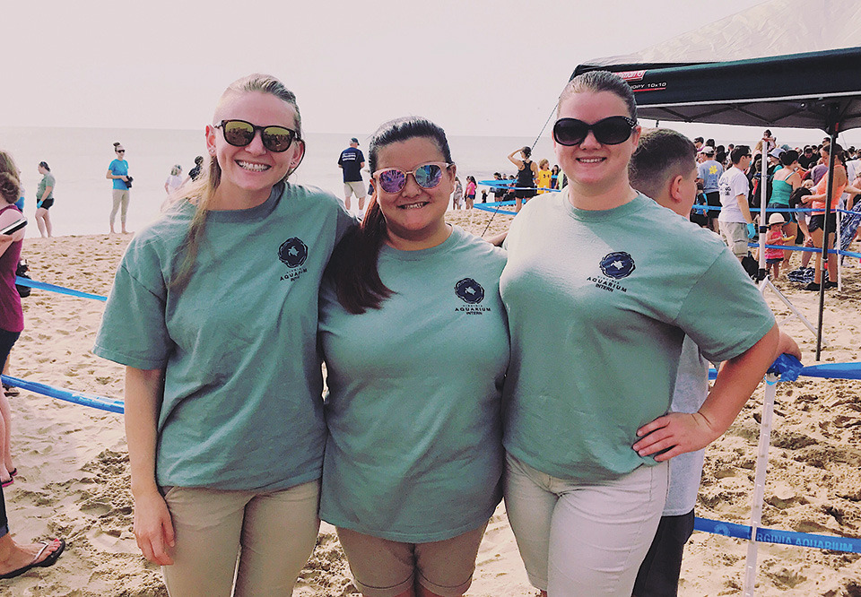 Olivia Marable ’18 (center) with two other aquarium interns on the beach at the release of a rehabilitated sea turtle.