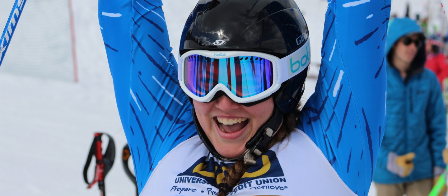 Monks ski team member Sarah Hotchkiss celebrates